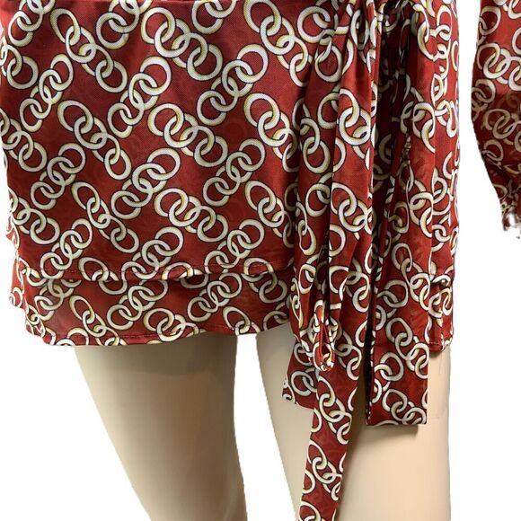 CAbi Red Geometric Long Sleeve Wrap Top Sz M Coach Cowgirl Chain Design Academia - Picture 4 of 15